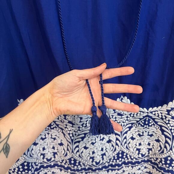 Chaus New York Womens L Blue Long Sleeve Embroidered Tunic Lagenlook Blouse Boho - Picture 6 of 9